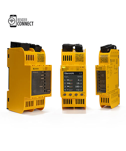 Three compact yellow measuring devices for installation in distribution cabinets
